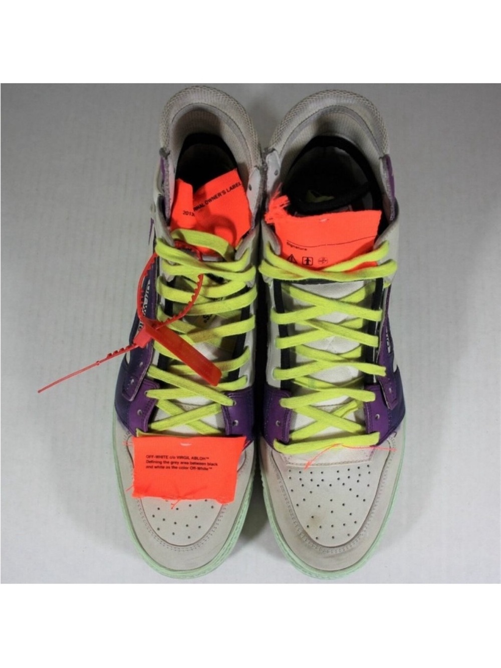 Off-White High-Top Sneakers in White, Purple & Neon Yellow